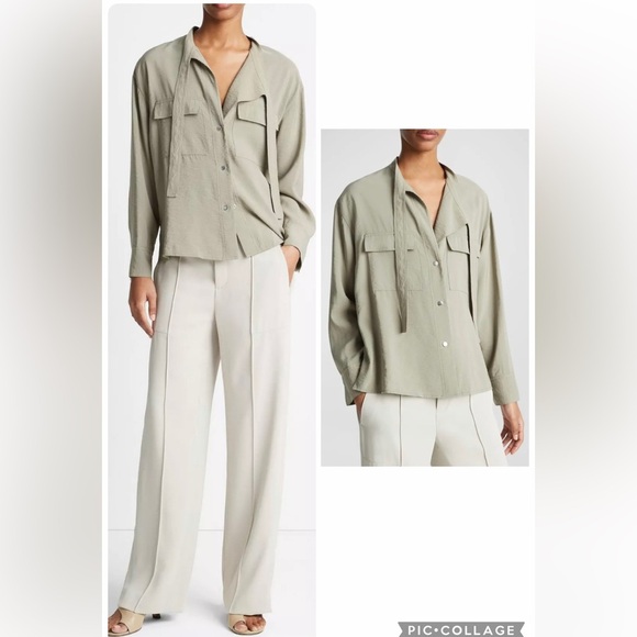 Vince Tops - Vince Olive Green Women's Utility Long-Sleeve Tie-Neck Blouse size M